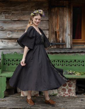 "Gisela" black embroidered crossover dress with sleeves