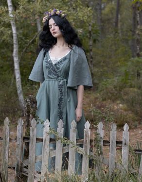 "Gisela" sage embroidered crossover dress with sleeves