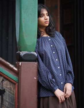 "Mara" night blue print cotton blouse