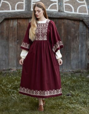 "Meredith" burgundy dress with cream embroideries