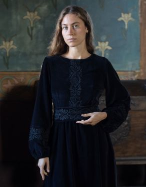 "Misha" embroidered black velvet dress