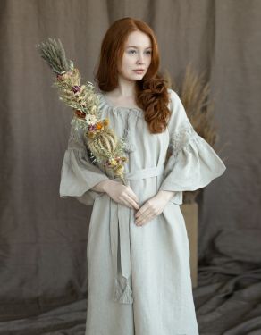 "Svetlana" dress in natural linen and linen lace