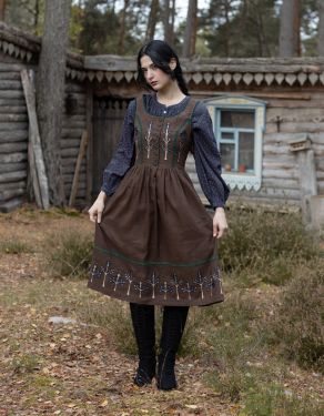 "Tilda" brown linen dress with embroidered blue tulips