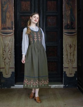 "Tilda" moss green linen dress with embroidered rust tulips