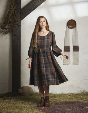 "Vera" brown tartan linen dress with 3/4 sleeves