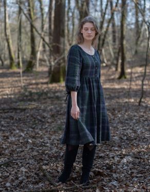 "Vera" green tartan linen dress with 3/4 sleeves