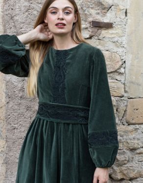 "Misha" embroidered ivy green velvet dress