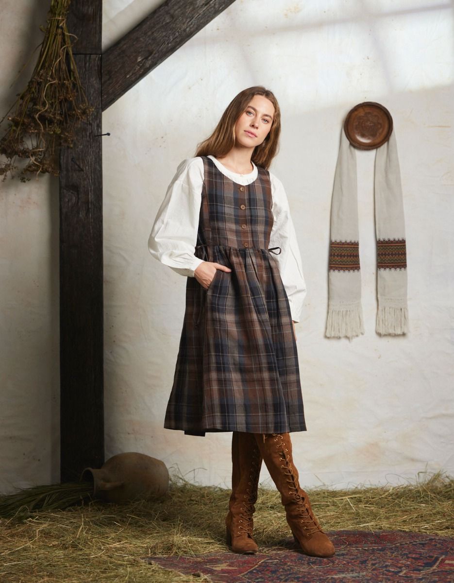 Vera brown tartan linen jumper dress